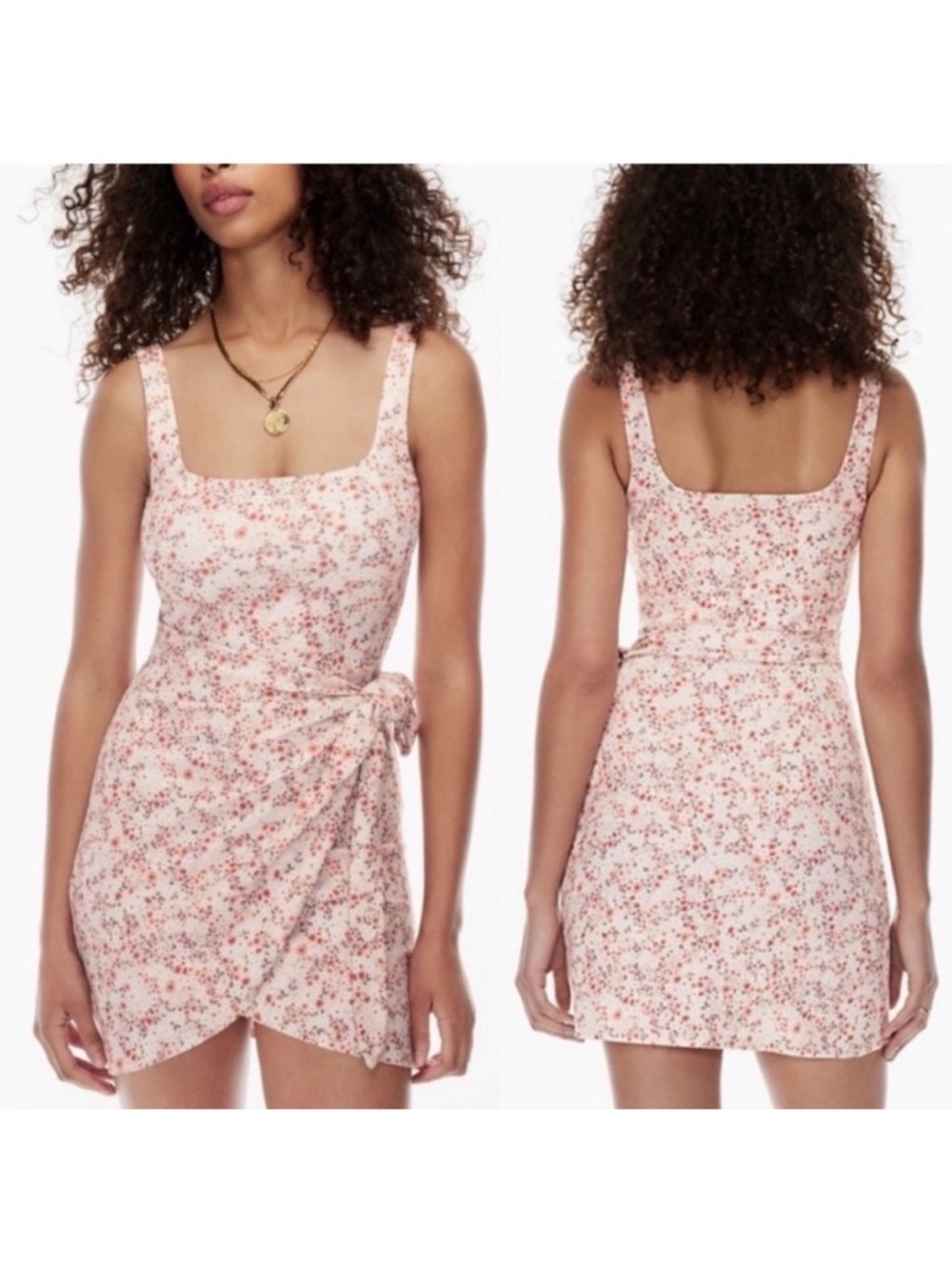 Wilfred Saturn Wrap Pink Floral Square-Neck Tie-Waist Mini Dress